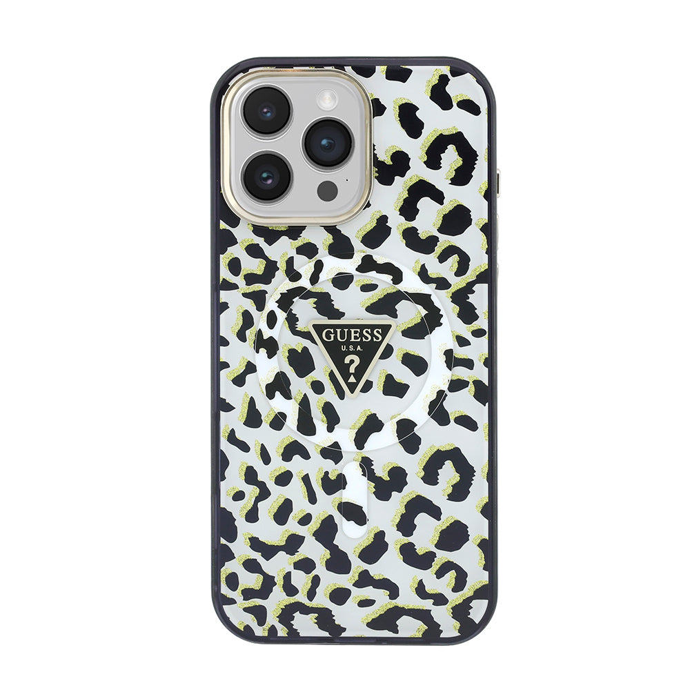 Apple iPhone 16 Pro Max Kılıf Guess Orjinal Lisanslı M-safe Şarj Özellikli Üçgen Logolu Simli Leopar Desenli Kapak