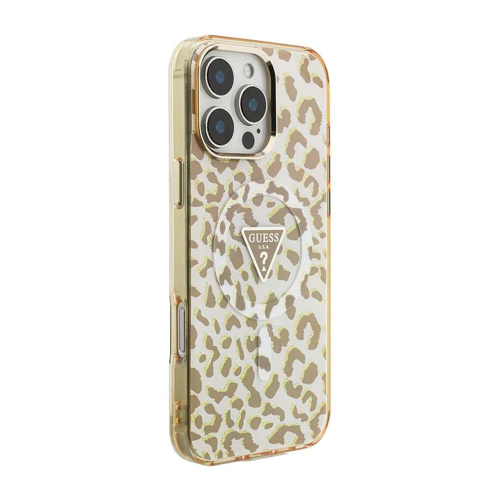 Apple iPhone 16 Pro Max Kılıf Guess Orjinal Lisanslı M-safe Şarj Özellikli Üçgen Logolu Simli Leopar Desenli Kapak