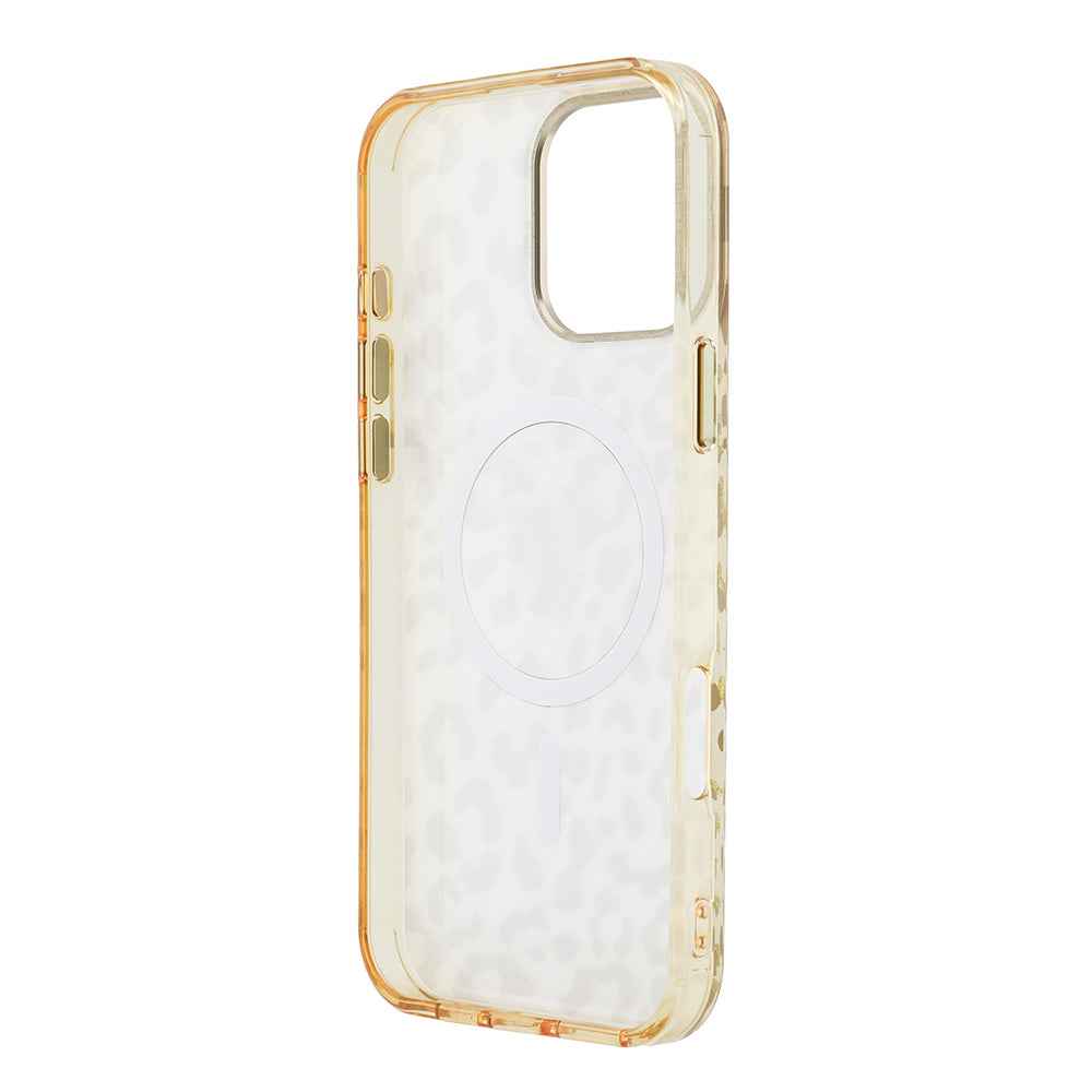 Apple iPhone 16 Pro Max Kılıf Guess Orjinal Lisanslı M-safe Şarj Özellikli Üçgen Logolu Simli Leopar Desenli Kapak