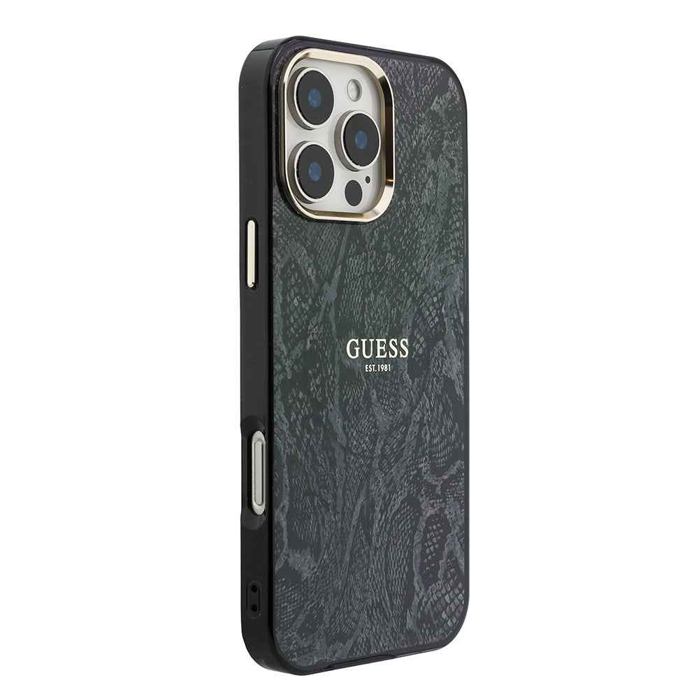 Apple iPhone 16 Pro Max Kılıf Guess Orjinal Lisanslı M-safe Şarj Özellikli Yazı Logolu Python Desenli Kapak