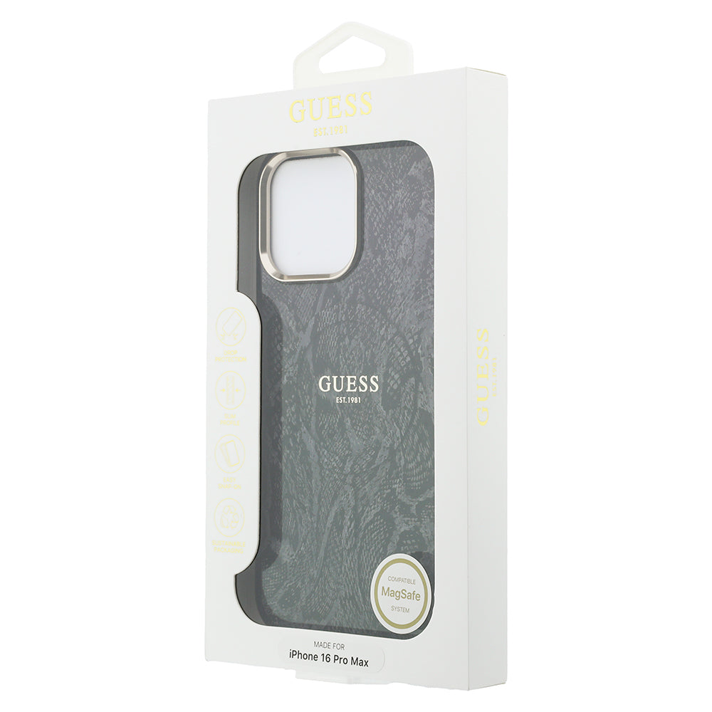 Apple iPhone 16 Pro Max Kılıf Guess Orjinal Lisanslı M-safe Şarj Özellikli Yazı Logolu Python Desenli Kapak