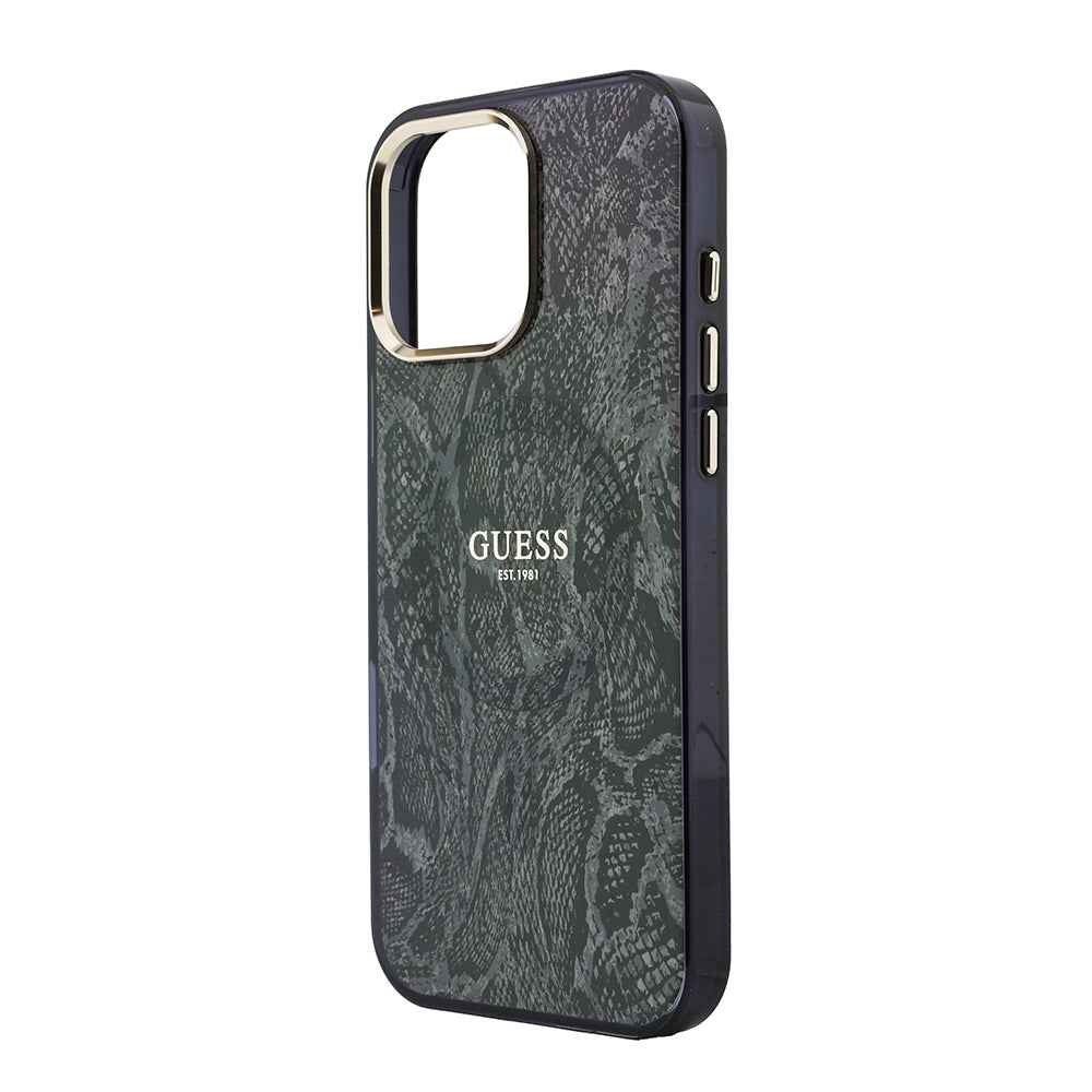 Apple iPhone 16 Pro Max Kılıf Guess Orjinal Lisanslı M-safe Şarj Özellikli Yazı Logolu Python Desenli Kapak