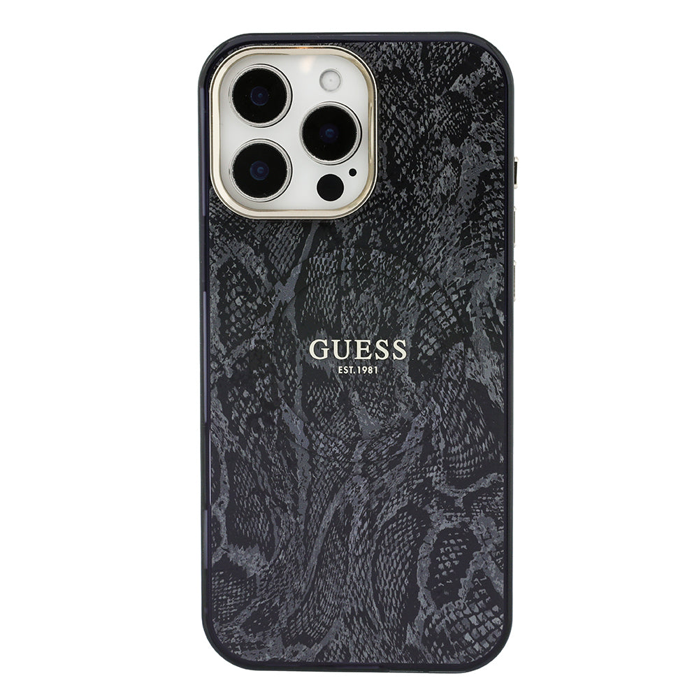 Apple iPhone 16 Pro Max Kılıf Guess Orjinal Lisanslı M-safe Şarj Özellikli Yazı Logolu Python Desenli Kapak