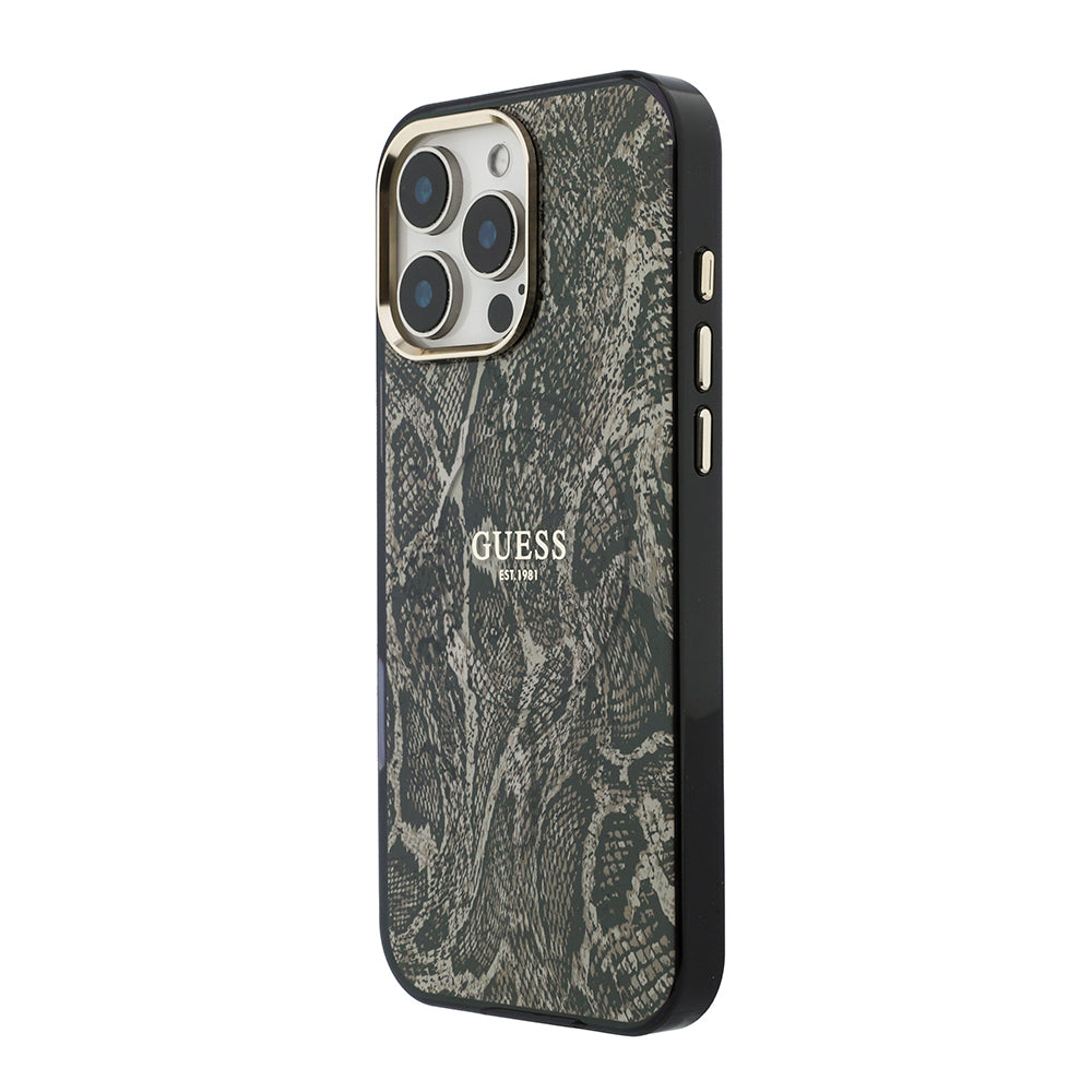 Apple iPhone 16 Pro Max Kılıf Guess Orjinal Lisanslı M-safe Şarj Özellikli Yazı Logolu Python Desenli Kapak