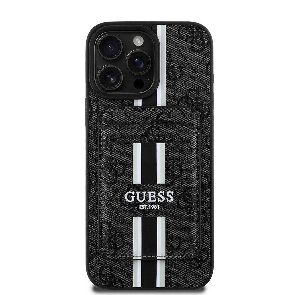 Apple iPhone 16 Pro Max Kılıf Guess Orjinal Lisanslı M-safe Şarj Özellikli 4G Desenli Çizgili Kartlıklı Kapak