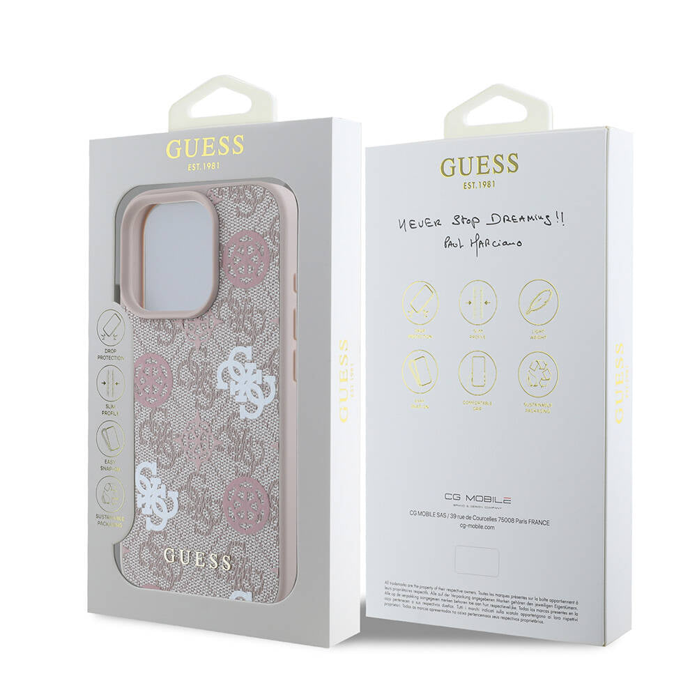 Apple iPhone 16 Pro Max Kılıf Guess Orjinal Lisanslı M-safe Şarj Özellikli 4G Desenli Yazı Logolu Peony Kapak