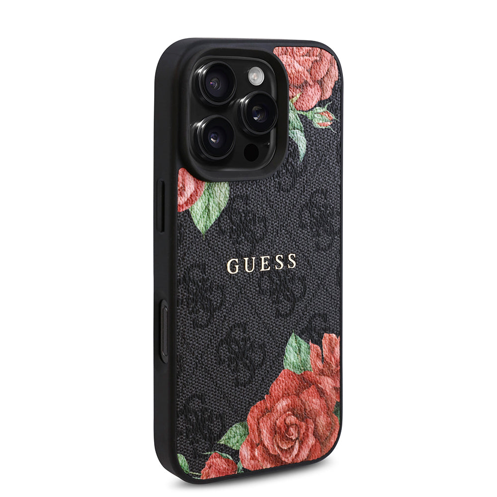 Apple iPhone 16 Pro Max Kılıf Guess Orjinal Lisanslı M-safe Şarj Özellikli Gül Baskılı 4G Desenli Yazı Logolu Kapak