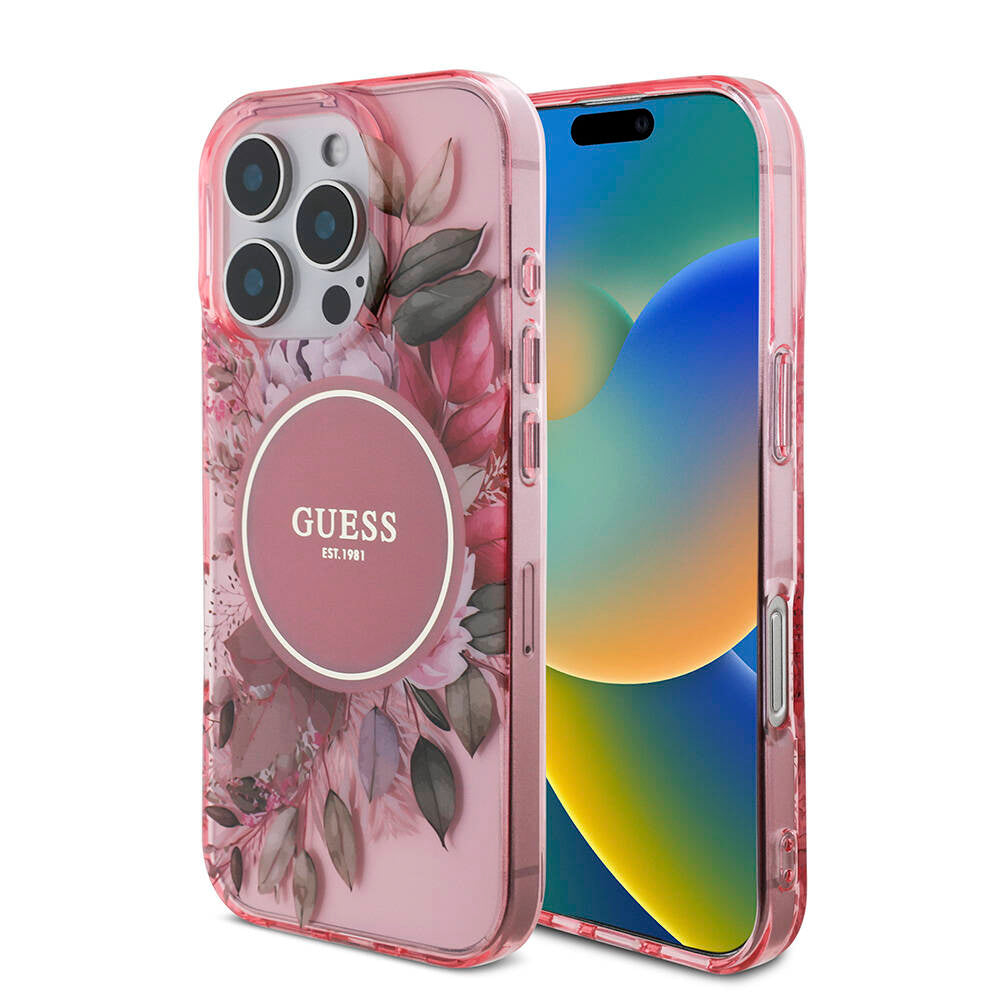 Apple iPhone 16 Pro Max Kılıf Guess Orjinal Lisanslı M-safe Şarj Özellikli IML Baskılı Çiçek İnci Bileklikli Kapak