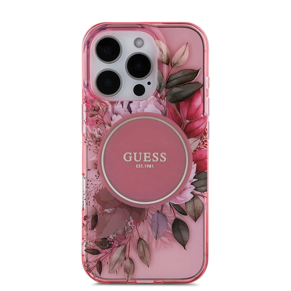 Apple iPhone 16 Pro Max Kılıf Guess Orjinal Lisanslı M-safe Şarj Özellikli IML Baskılı Çiçek İnci Bileklikli Kapak