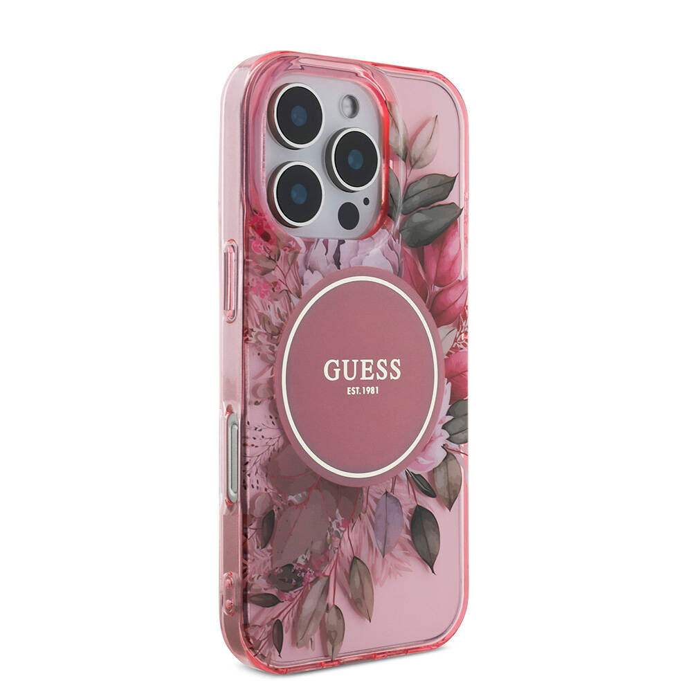 Apple iPhone 16 Pro Max Kılıf Guess Orjinal Lisanslı M-safe Şarj Özellikli IML Baskılı Çiçek İnci Bileklikli Kapak