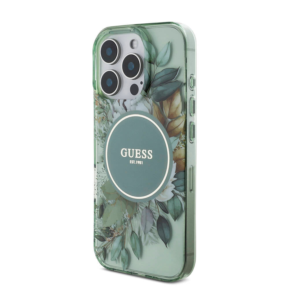 Apple iPhone 16 Pro Max Kılıf Guess Orjinal Lisanslı M-safe Şarj Özellikli IML Baskılı Çiçek İnci Bileklikli Kapak