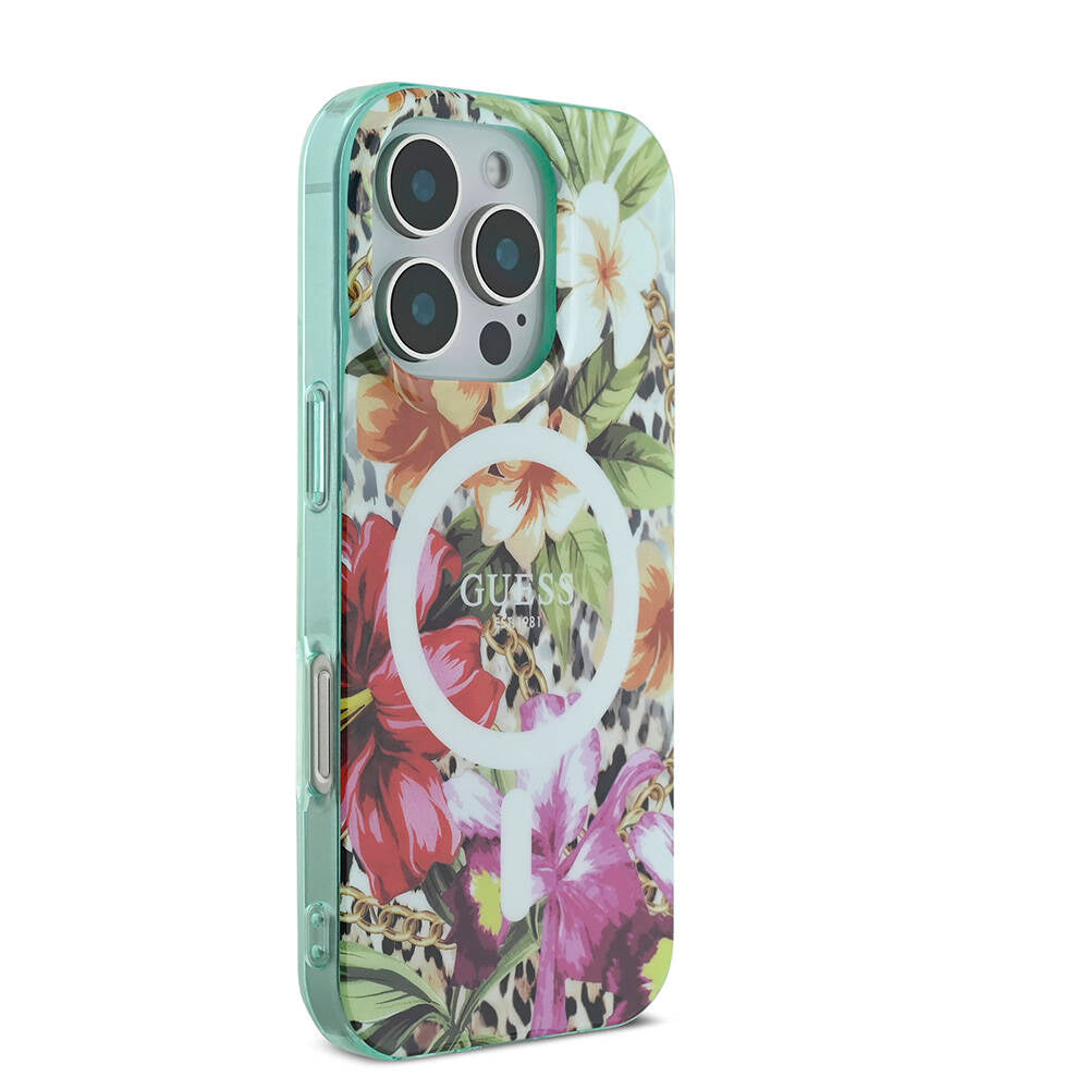 Apple iPhone 16 Pro Max Kılıf Guess Orjinal Lisanslı M-safe Şarj Özellikli IML Baskılı Jungle Ring Kapak