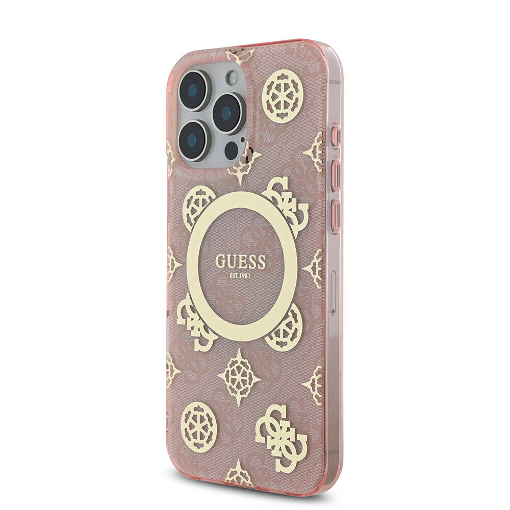 Apple iPhone 16 Pro Max Kılıf Guess Orjinal Lisanslı M-safe Şarj Özellikli IML Peony ve 4G Desenli Klasik Logolu Kapak