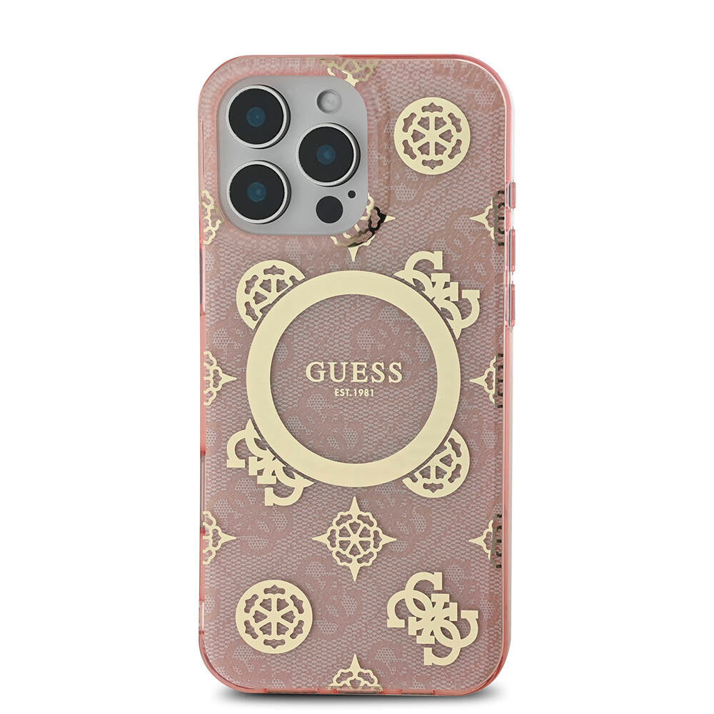 Apple iPhone 16 Pro Max Kılıf Guess Orjinal Lisanslı M-safe Şarj Özellikli IML Peony ve 4G Desenli Klasik Logolu Kapak