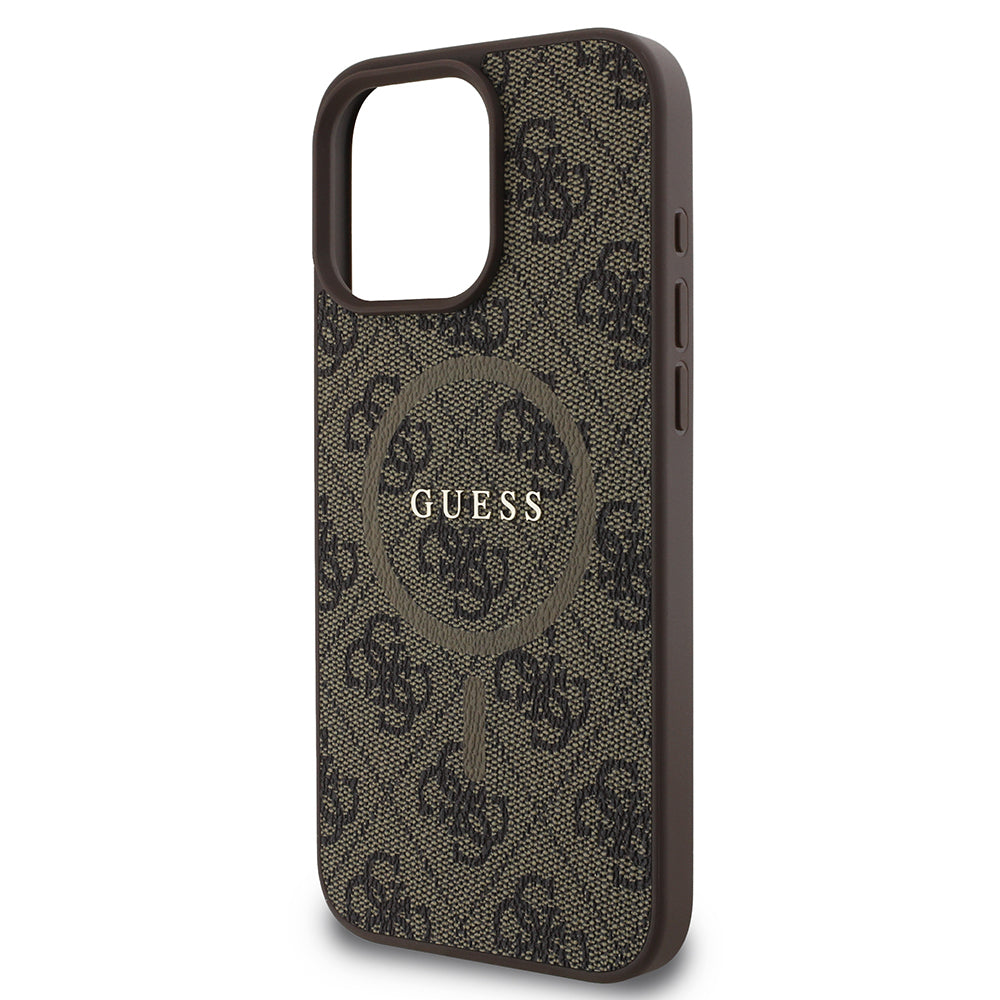 Apple iPhone 16 Pro Max Kılıf Guess Orjinal Lisanslı M-safe Şarj Özellikli PU Halkalı 4G Desenli Yazı Logolu Kapak
