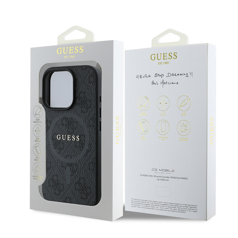 Apple iPhone 16 Pro Max Kılıf Guess Orjinal Lisanslı M-safe Şarj Özellikli PU Halkalı 4G Desenli Yazı Logolu Kapak