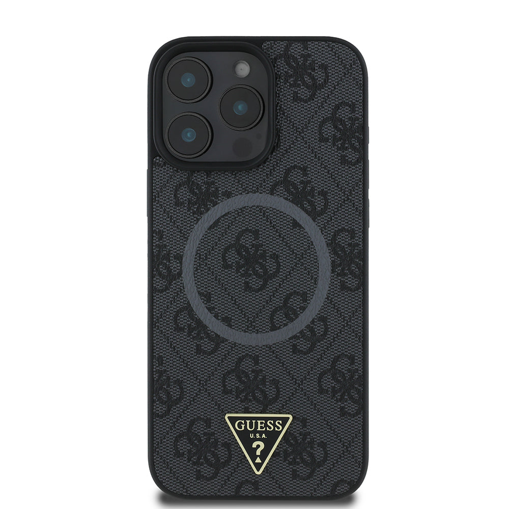 Apple iPhone 16 Pro Max Kılıf Guess Orjinal Lisanslı M-safe Şarj Özellikli PU Üçgen Logo 4G Desenli Kapak