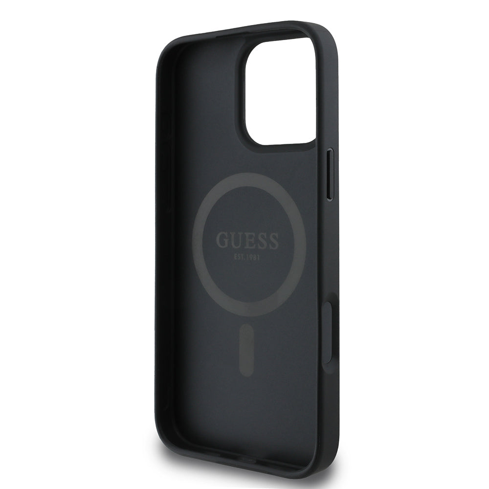 Apple iPhone 16 Pro Max Kılıf Guess Orjinal Lisanslı M-safe Şarj Özellikli PU Üçgen Logo 4G Desenli Kapak