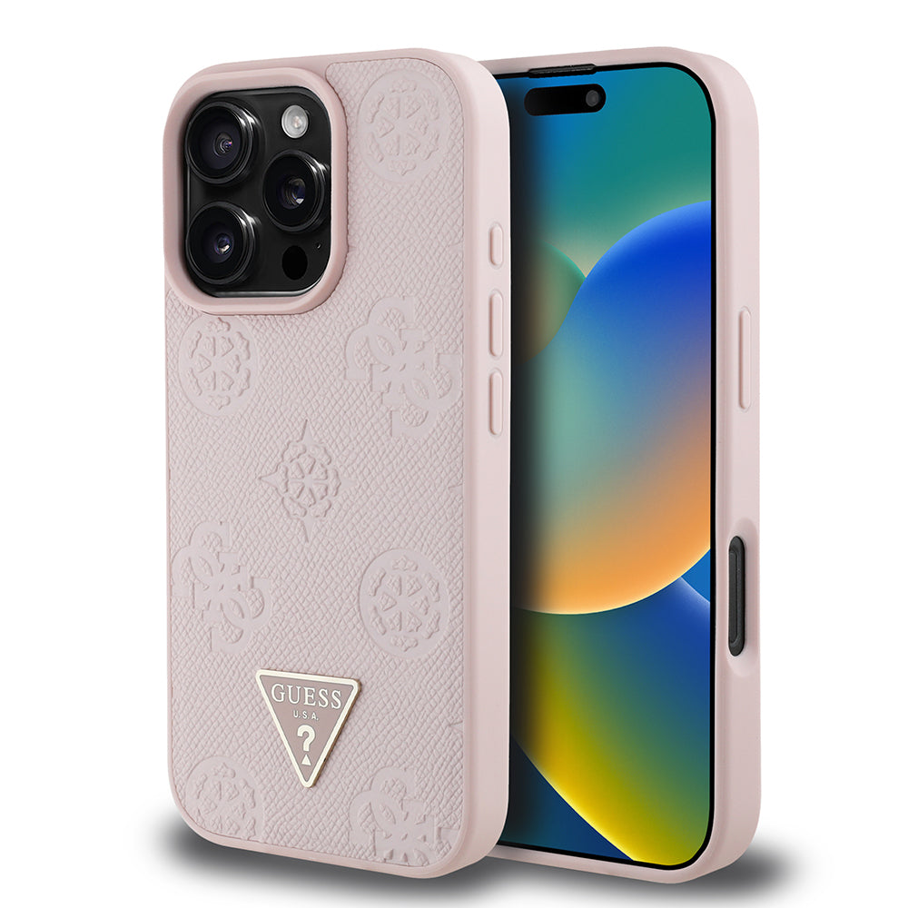 Apple iPhone 16 Pro Max Kılıf Guess Orjinal Lisanslı M-safe Şarj Özellikli Sıcak Baskılı Üçgen Logolu PU Deri Peony Kapak