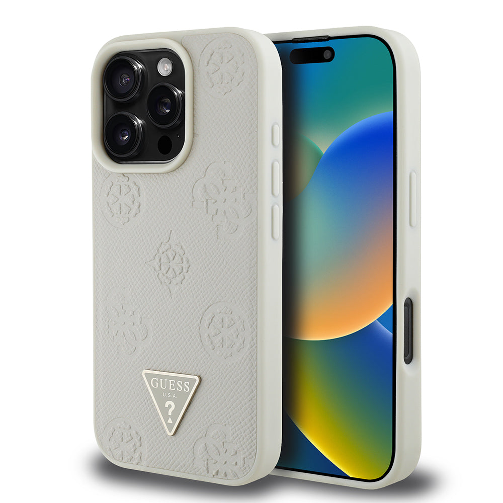 Apple iPhone 16 Pro Max Kılıf Guess Orjinal Lisanslı M-safe Şarj Özellikli Sıcak Baskılı Üçgen Logolu PU Deri Peony Kapak