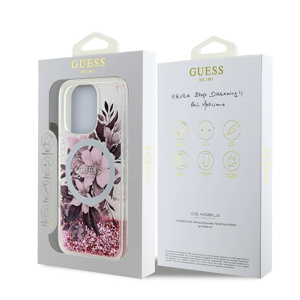 Apple iPhone 16 Pro Max Kılıf Guess Orjinal Lisanslı M-safe Şarj Özellikli Sıvılı Simli Çiçek Desenli Kapak