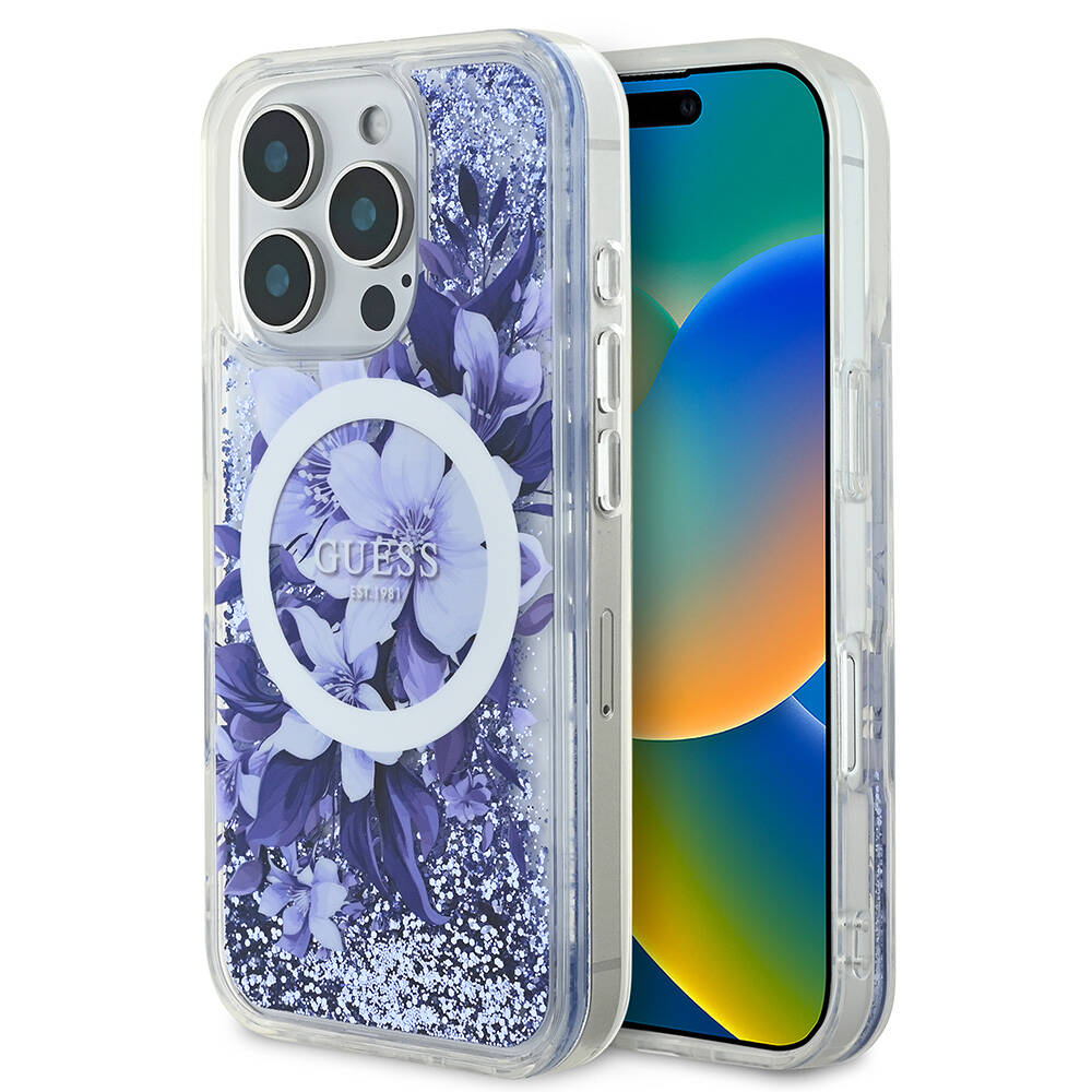 Apple iPhone 16 Pro Max Kılıf Guess Orjinal Lisanslı M-safe Şarj Özellikli Sıvılı Simli Çiçek Desenli Kapak