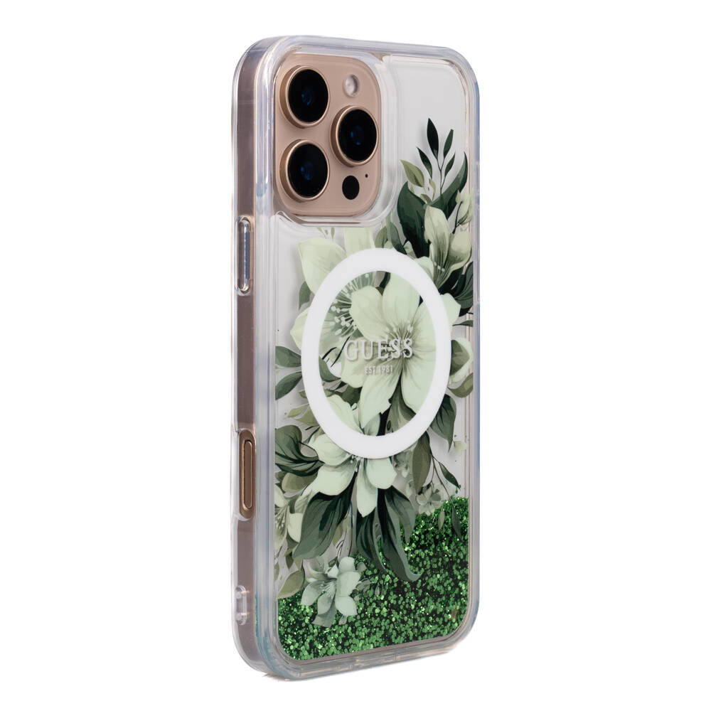Apple iPhone 16 Pro Max Kılıf Guess Orjinal Lisanslı M-safe Şarj Özellikli Sıvılı Simli Çiçek Desenli Kapak