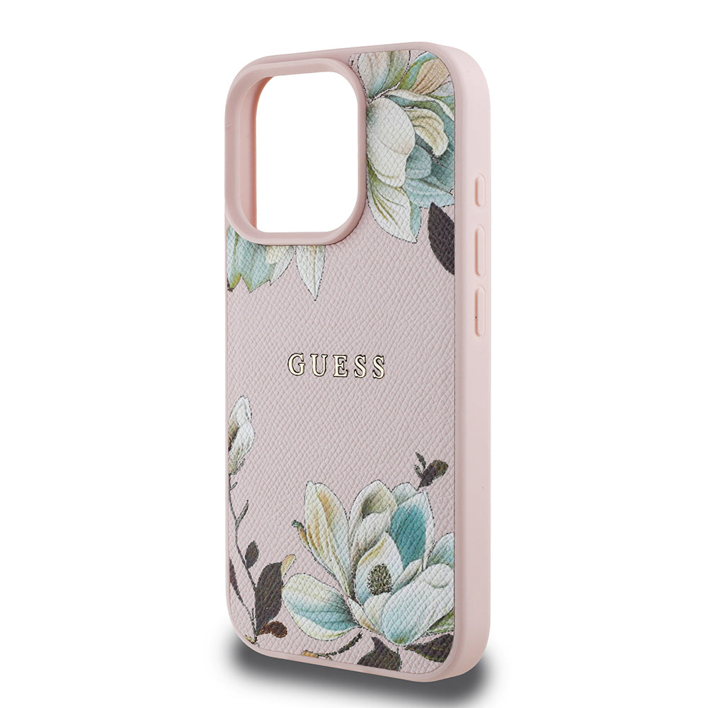 Apple iPhone 16 Pro Max Kılıf Guess Orjinal Lisanslı M-safe Şarj Özellikli Taneli Çiçek Tasarımlı Metal Yazı Logolu Kapak