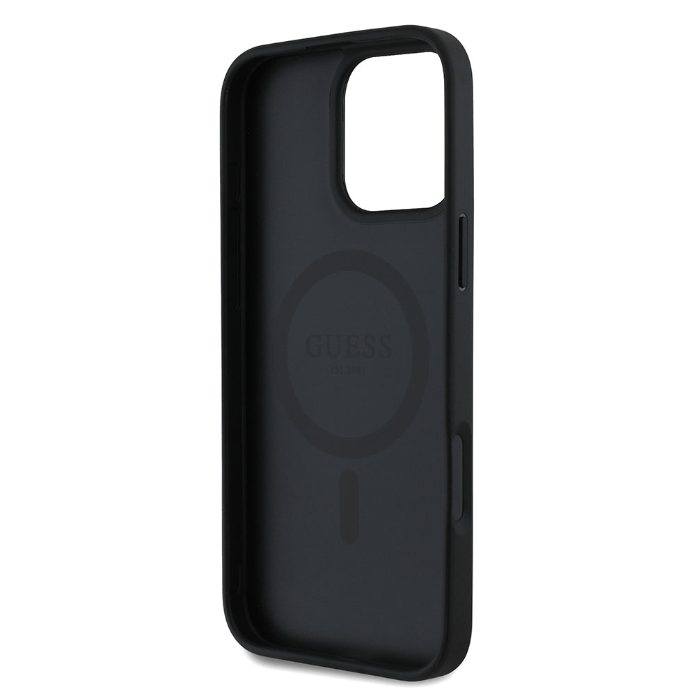 Apple iPhone 16 Pro Max Kılıf Guess Orjinal Lisanslı M-safe Şarj Özellikli Taneli Çiçek Tasarımlı Metal Yazı Logolu Kapak