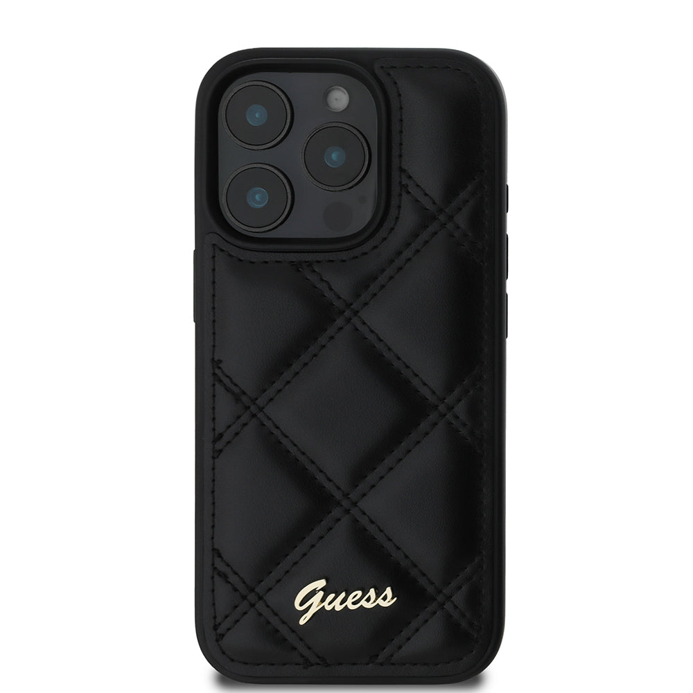 Apple iPhone 16 Pro Max Kılıf Guess Orjinal Lisanslı PU Deri Metal Yazı Logolu Kapitone Kapak