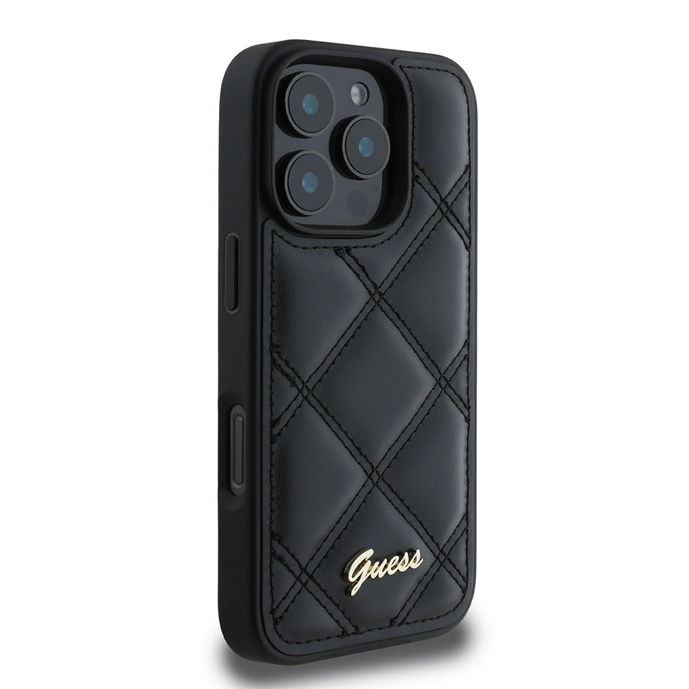 Apple iPhone 16 Pro Max Kılıf Guess Orjinal Lisanslı PU Deri Metal Yazı Logolu Kapitone Kapak