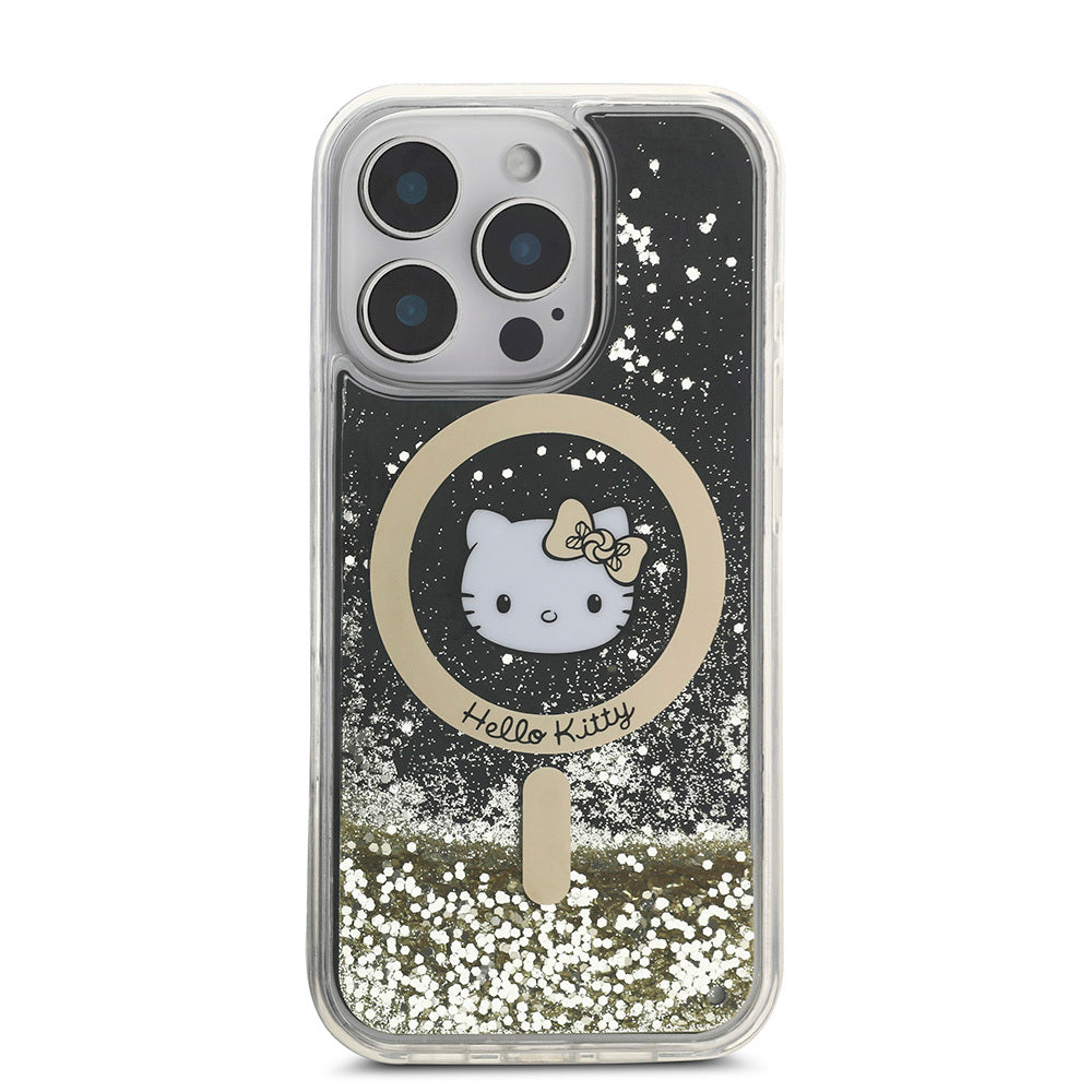 Apple iPhone 16 Pro Max Kılıf Hello Kitty Orjinal Lisanslı M-safe Şarj Özellikli IML Baskı Kitty Head Logolu Sıvılı Simli Altın Ateşi Kapak