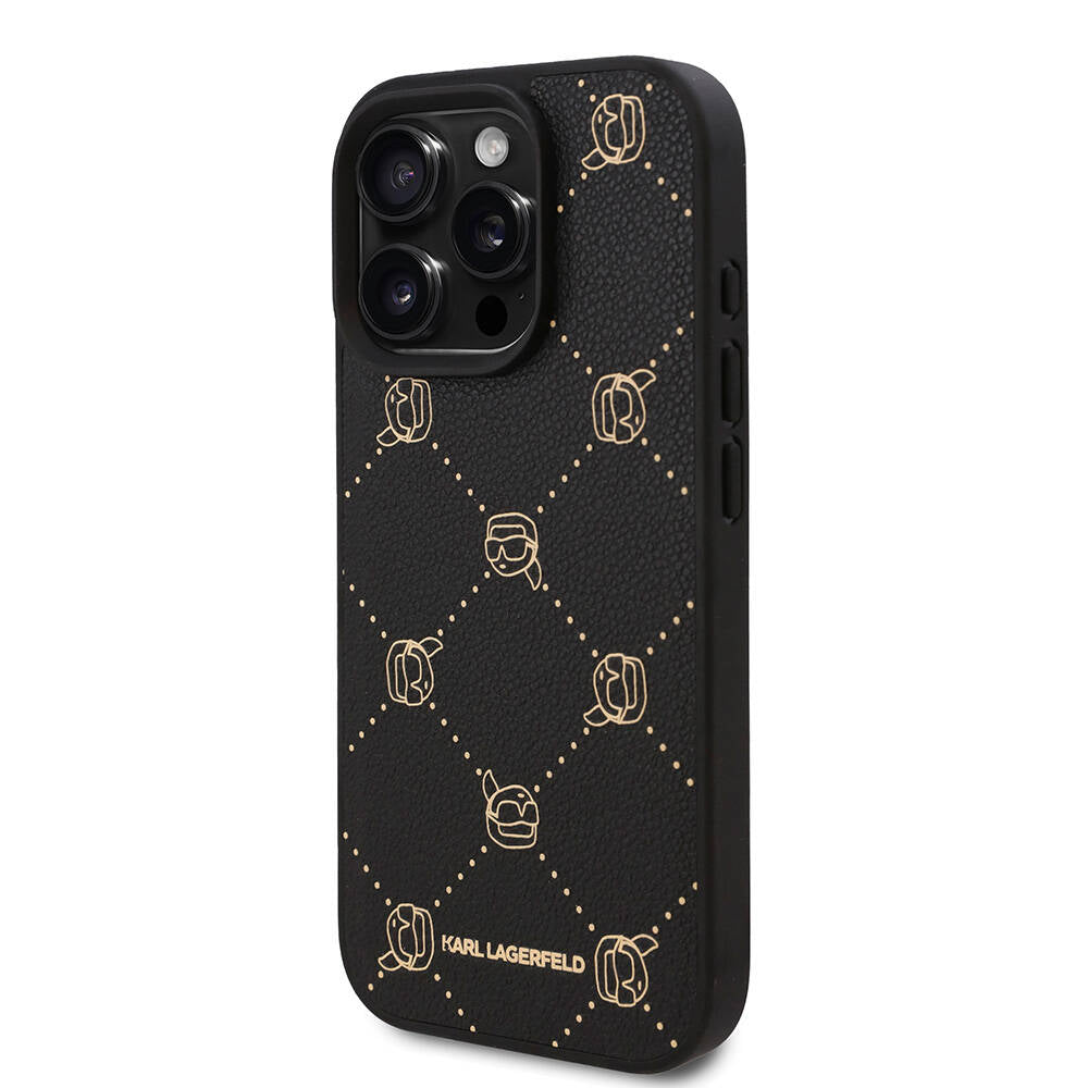 Apple iPhone 16 Pro Max Kılıf Karl Lagerfeld Orjinal Lisanslı M-safe Şarj Özellikli PU Deri Karl Heads Desenli Klasik Logolu Kapak