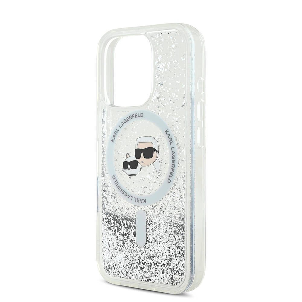 Apple iPhone 16 Pro Max Kılıf Karl Lagerfeld Orjinal Lisanslı M-safe Şarj Özellikli Sıvılı Simli KC Heads Kapak