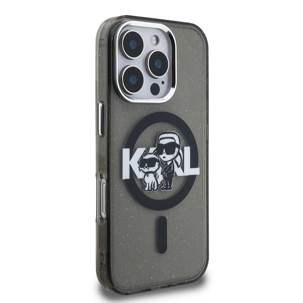 Apple iPhone 16 Pro Max Kılıf Karl Lagerfeld Orjinal Lisanslı Parlayan Simli Karl & Choupette Sketch Logo Kapak