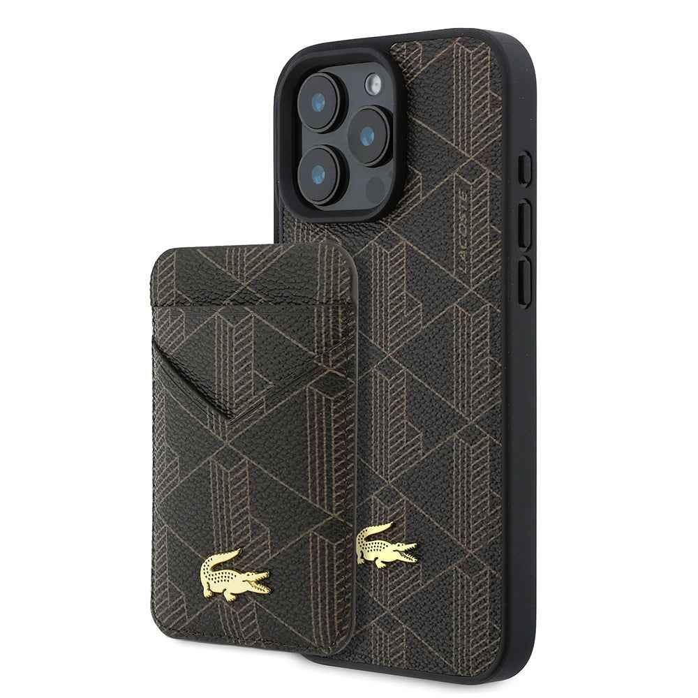 Apple iPhone 16 Pro Max Kılıf Lacoste Orjinal Lisanslı M-safe Şarj Özellikli PU Deri Tasarımlı Kartlıklı Karışık Monogram Desenli Kapak