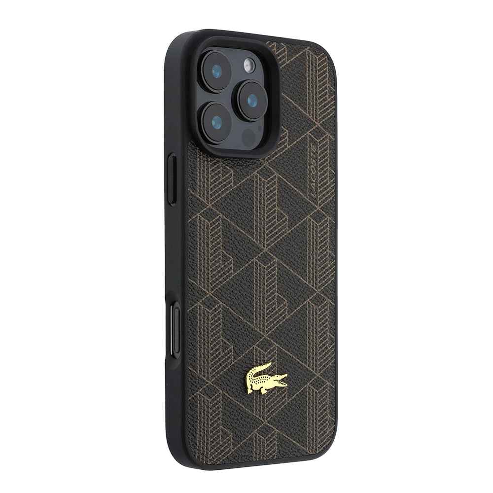 Apple iPhone 16 Pro Max Kılıf Lacoste Orjinal Lisanslı M-safe Şarj Özellikli PU Deri Tasarımlı Kartlıklı Karışık Monogram Desenli Kapak