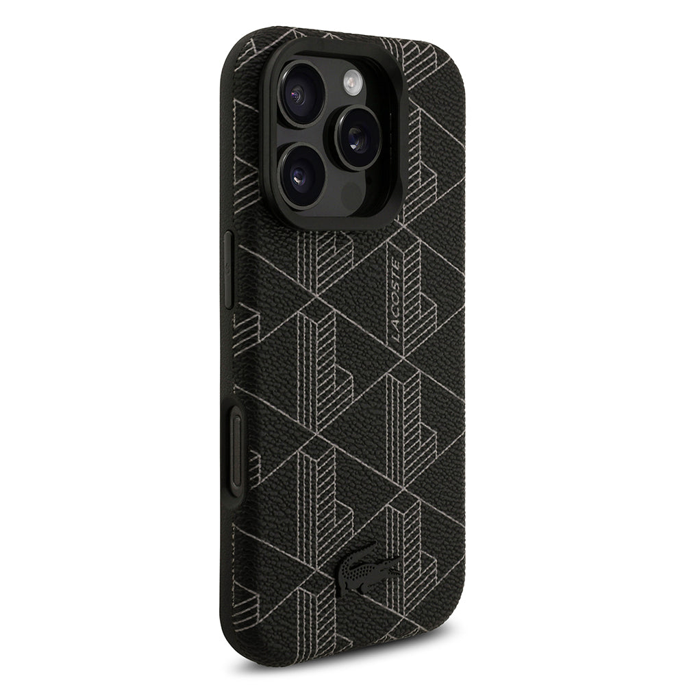Apple iPhone 16 Pro Max Kılıf Lacoste Orjinal Lisanslı M-safe Şarj Özellikli Standlı PU Deri Karışık Monogram Desenli Kapak