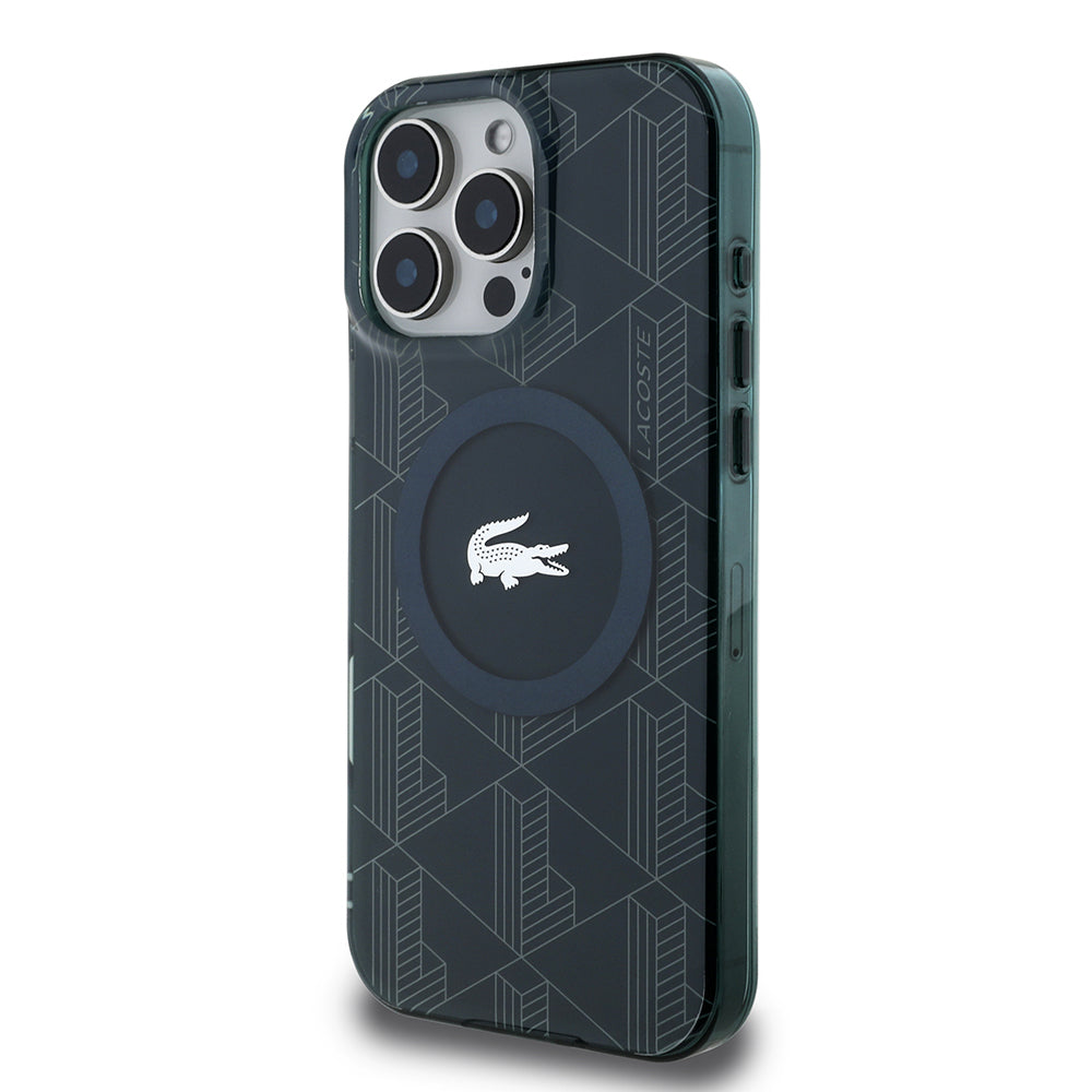 Apple iPhone 16 Pro Max Kılıf Lacoste Orjinal Lisanslı M-safe Şarj Özellikli IML Baskılı Gümüş Timsah Logolu Monogram Kapak