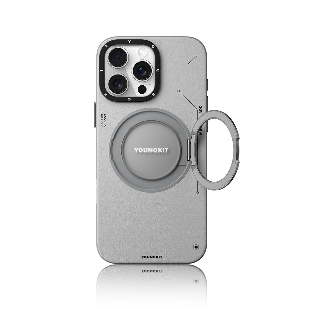 Apple iPhone 16 Pro Max Kılıf M-safe Şarj Özellikli 360° Standlı Basit Mat Deri Desenli Youngkit Tech Leather Serisi Kapak