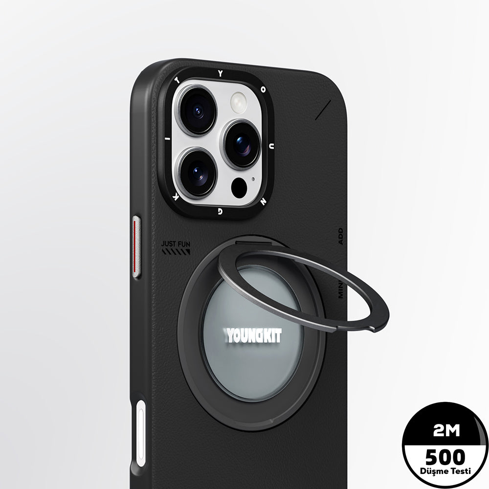 Apple iPhone 16 Pro Max Kılıf M-safe Şarj Özellikli 360° Standlı Basit Mat Deri Desenli Youngkit Tech Leather Serisi Kapak