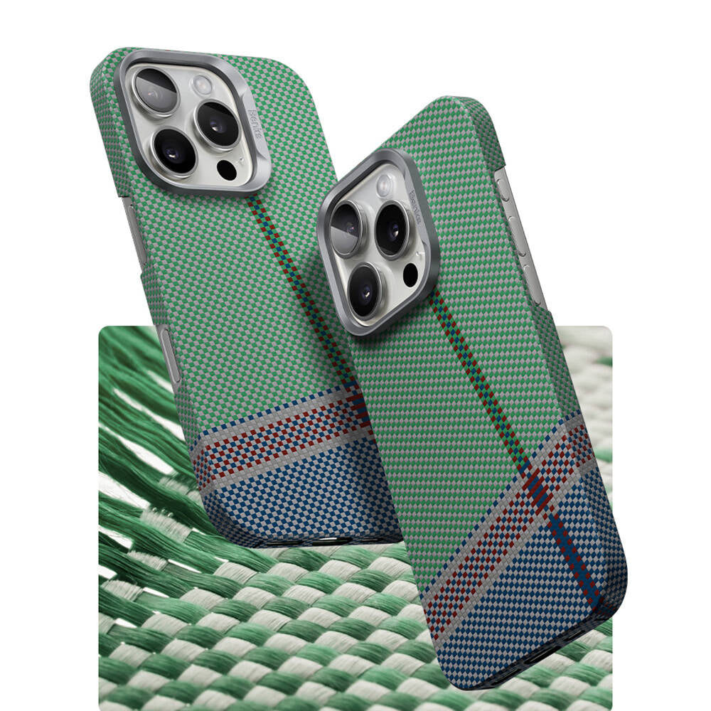 Apple iPhone 16 Pro Max Kılıf M-safe Şarj Özellikli Karbon Fiber Tasarımlı Benks Passion Green ArmorAir Kevlar Kapak