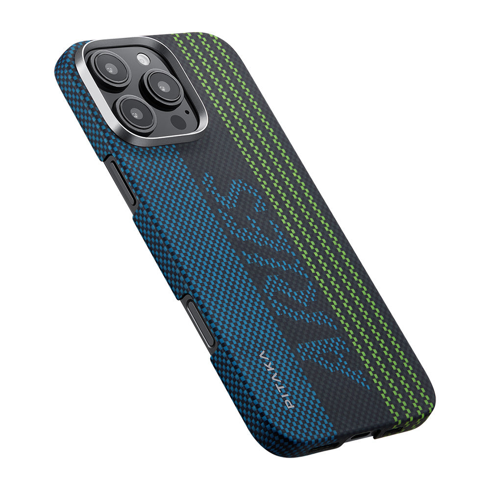 Apple iPhone 16 Pro Max Kılıf M-safe Şarj Özellikli Lumintex Teknolojili Fosforlu Aramid Fiber Pitaka Tactile Woven Aries Serisi Credit Card Kapak