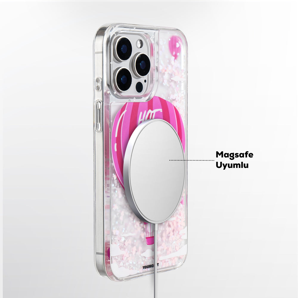 Apple iPhone 16 Pro Max Kılıf M-safe Şarj Özellikli Parlak Kumlu Sıvılı Youngkit Pink Dream Quicksand Serisi Kapak