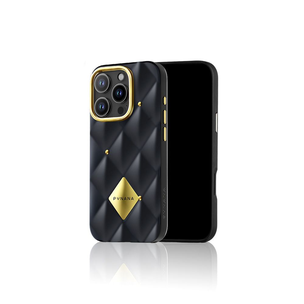 Apple iPhone 16 Pro Max Kılıf Parlak Arka Yüzeyli Kabartma Tasarımlı Kapitone Pynana Metal Diamond Serisi Kapak
