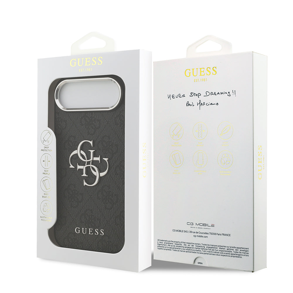 Apple iPhone 17 Air Kılıf Guess Orjinal Lisanslı Gümüş Metal Kamera Çerçeveli 4G Desenli Metal Büyük 4G ve Yazı Logolu Kapak