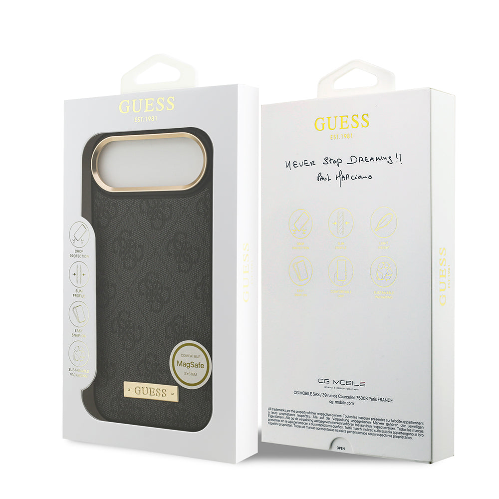 Apple iPhone 17 Air Kılıf Guess Orjinal Lisanslı M-safe Şarj Özellikli 4G Desenli PU Metal Plaka Klasik Logolu Kapak