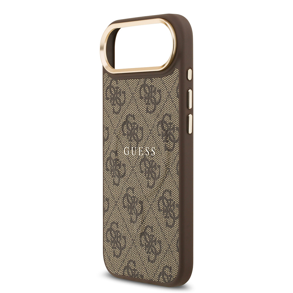 Apple iPhone 17 Air Kılıf Guess Orjinal Lisanslı M-safe Şarj Özellikli Gold Metal Kamera Çerçeveli PU Deri 4G Desenli Yazı Logolu Kapak