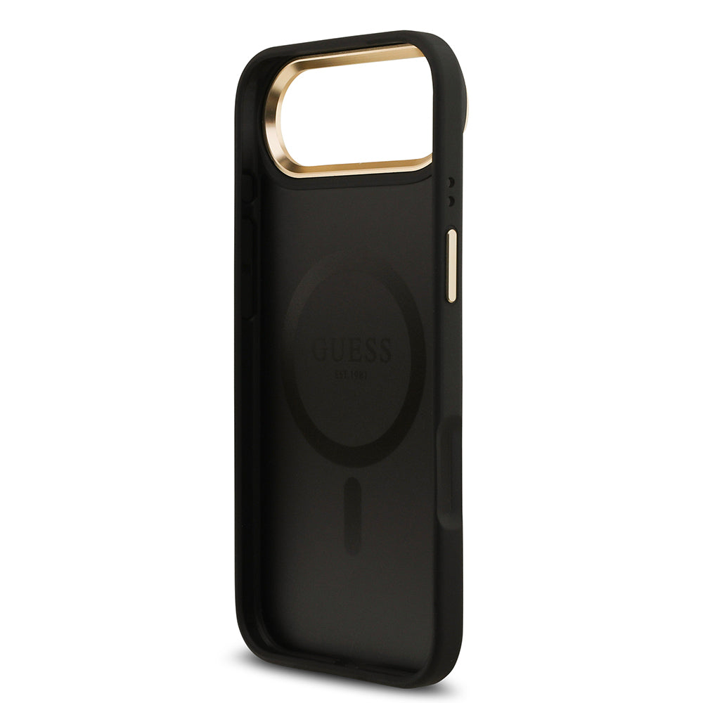 Apple iPhone 17 Air Kılıf Guess Orjinal Lisanslı M-safe Şarj Özellikli Gold Metal Kamera Çerçeveli PU Deri 4G Desenli Yazı Logolu Kapak