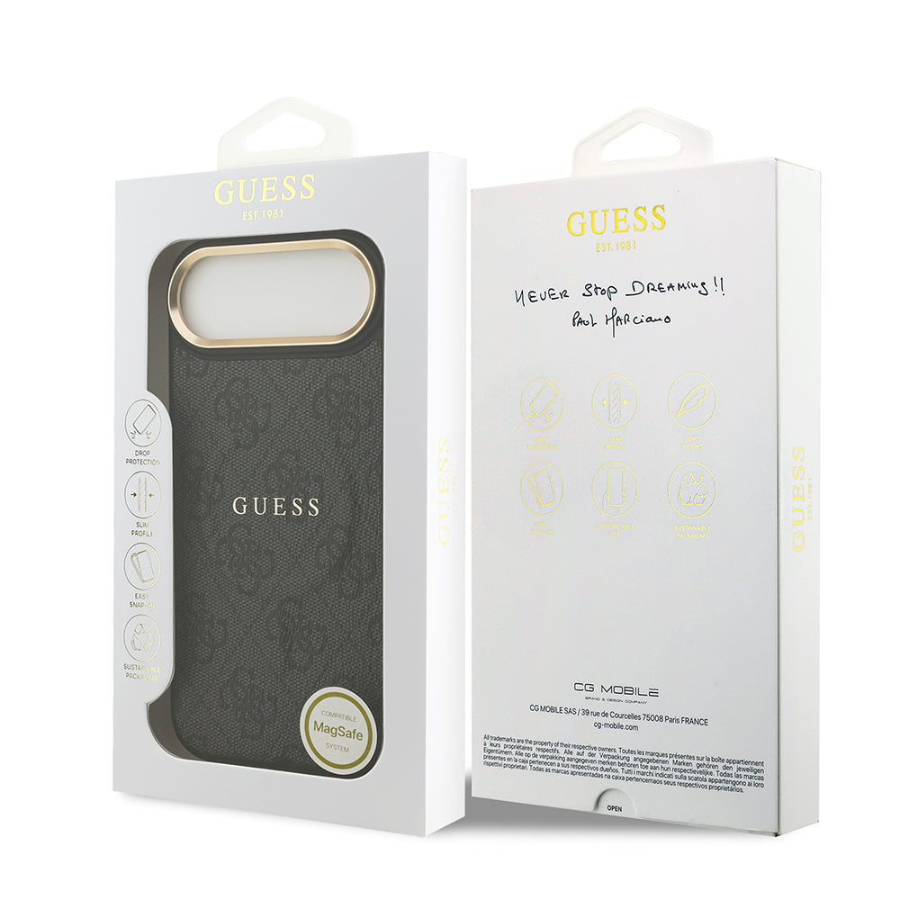 Apple iPhone 17 Air Kılıf Guess Orjinal Lisanslı M-safe Şarj Özellikli Gold Metal Kamera Çerçeveli PU Deri 4G Desenli Yazı Logolu Kapak